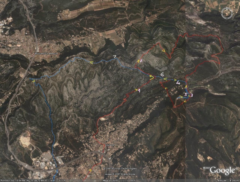 ItineraireVTT14Janvier2007 Le parcours du jour avec une double boucle au niveau du Tlgraphe (rouge en premier, bleu en second).<br>Les possibilits de parcours sont presque infinies autour de la Ciotat et Ceyreste... Et encore, il me reste le Cap Canaille que je connais que peu,  'dfourailler'...!